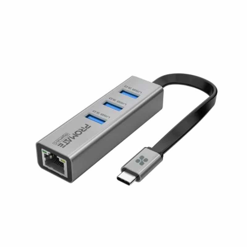 Promate GigaHub-C Multi-Port USB-C Hub with Ethernet Adapter (USB 3.0 Ports, 5Gbps Sync, 1000Mbps Ethernet as icons)
