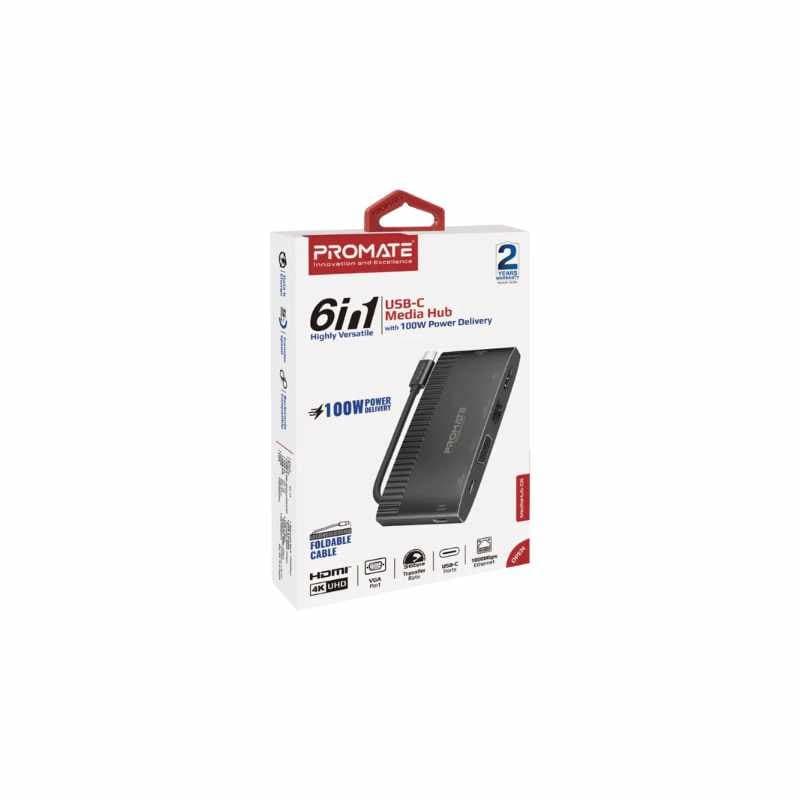 Promate MediaHub-c6 6-in-1 Highly Versatile USB-C Media Hub with 100W Power Delivery thumbnail 2