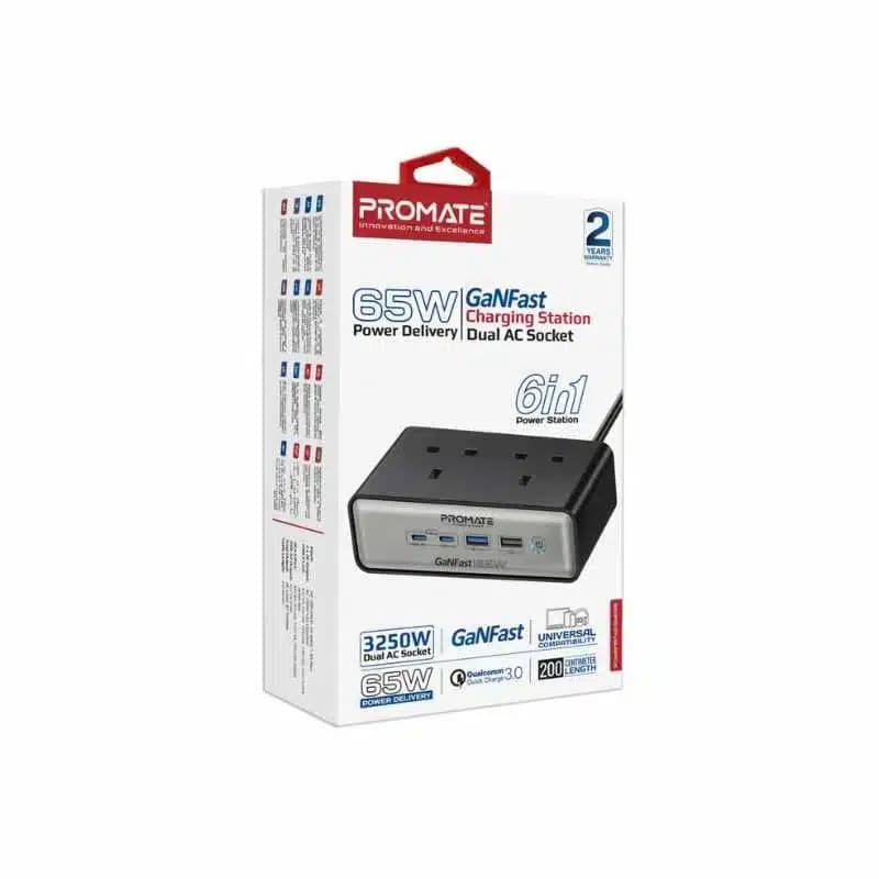 Promate PowerBrix2-Gan65 65W Power Delivery GaNFast™ Charging Station with 3250W Dual AC Socket thumbnail 4