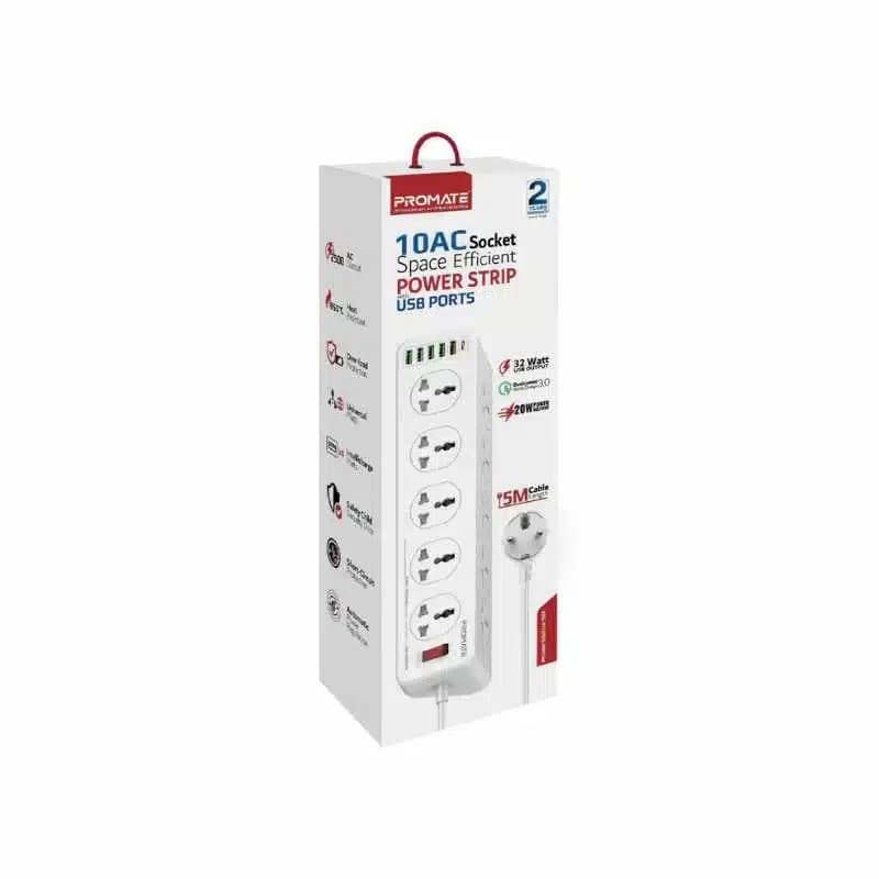 Promate PowerMatrix-3M 10AC Socket Space Efficient Power Strip with USB Ports thumbnail 4