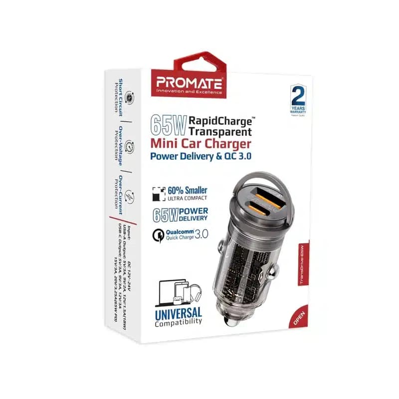Promate TransDrive-65W 65W RapidCharge™ Transparent Mini Car Charger with Power Delivery & QC 3.0 thumbnail 3