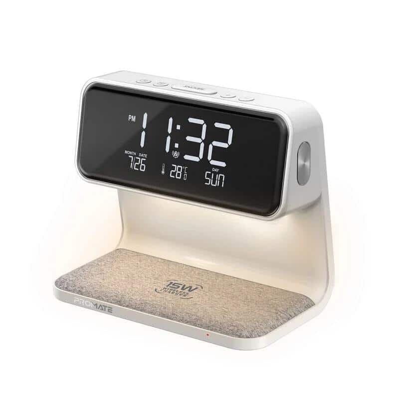 Promate Lumix-15W Multi-Function LED Alarm Clock with 15W Wireless Charger