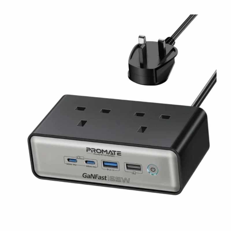 Promate PowerBrix2-Gan65 65W Power Delivery GaNFast™ Charging Station with 3250W Dual AC Socket