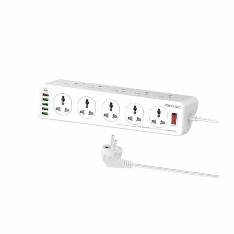 Promate PowerMatrix-3M 10AC Socket Space Efficient Power Strip with USB Ports