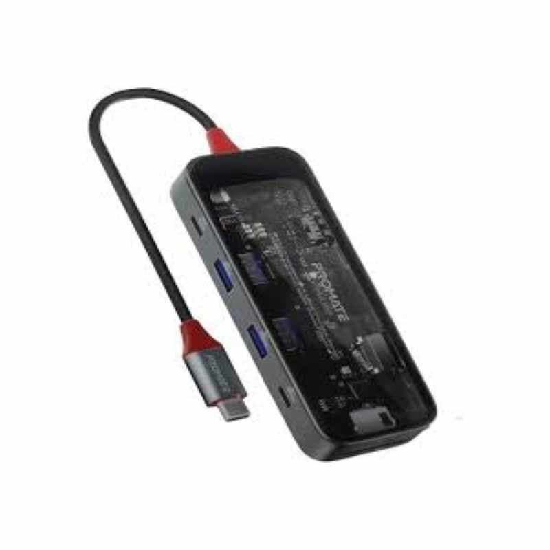 Promate TransHub-Mini 8-in 1 Transparent Ultra-Fast Multiport USB-C Hub with 100W Power Delivery