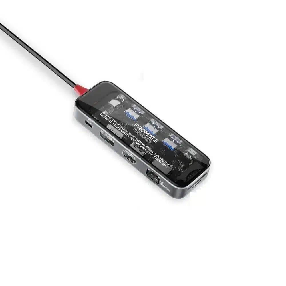 Promate TransHub-Pro 11-in-1 Transparent Ultra-Fast Multiport USB-C Hub with 100W Power Delivery